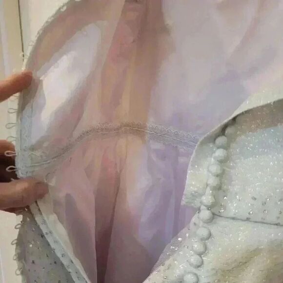 𝅺Girl's Vintage Ice Blue & Silver Acetate Jacquard Satin w Tulip Short Sleeves - Picture 4 of 16